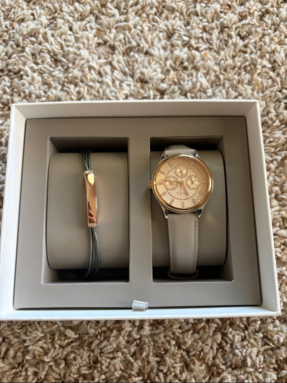Fossil Rose Gold-Tone Dial Beige Leather Watch with Accent Bracelet